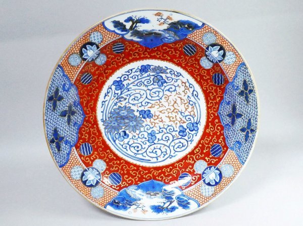 古伊万里　色絵　花　唐草　丸紋　かき分け　山水風景図　約40㎝　大皿　NO.Z-1371