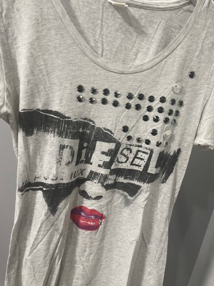 美品ディーゼルDIESEL半袖Tシャツカットソー長めトップスレディースグレーロゴ