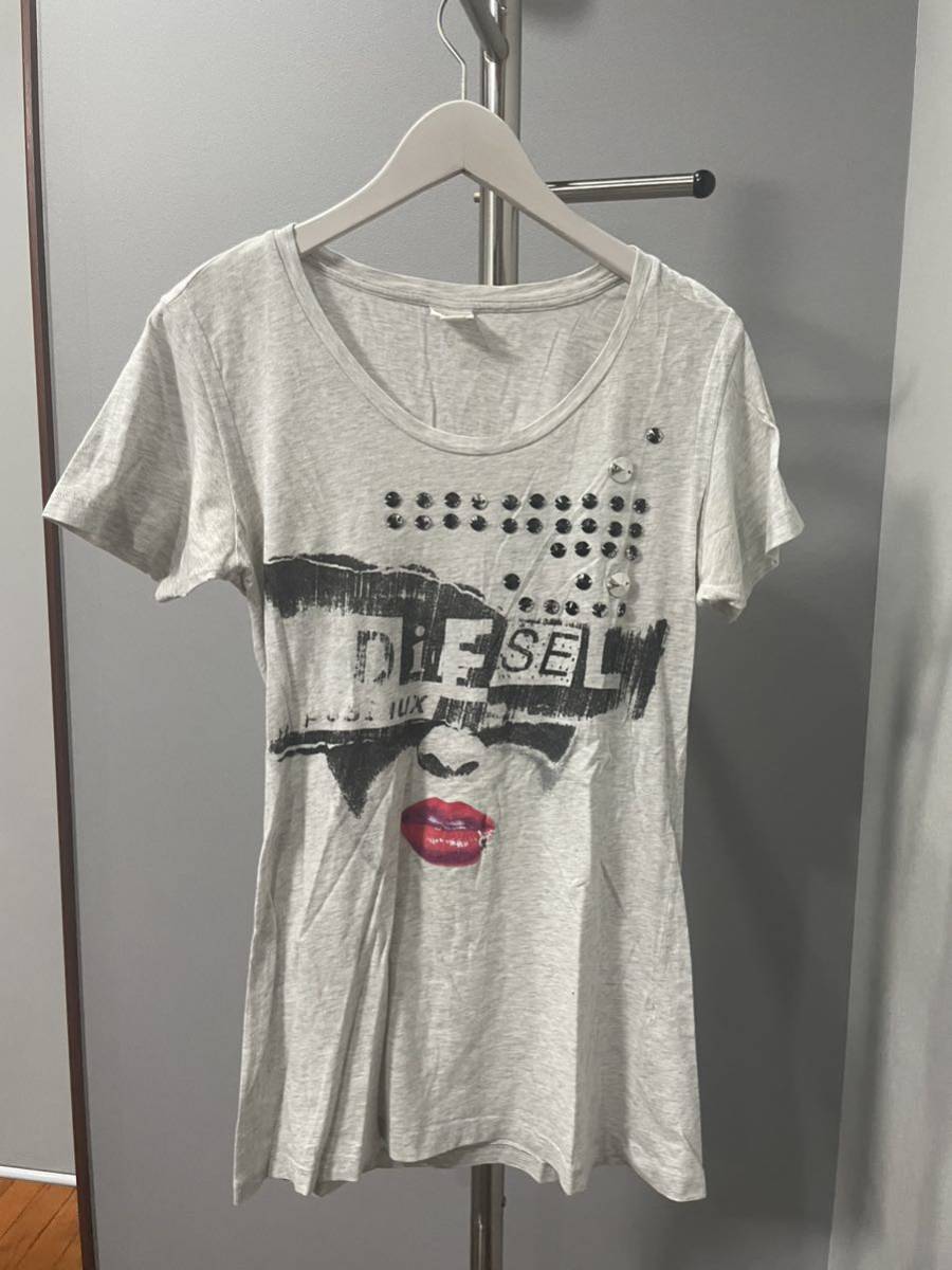 美品ディーゼルDIESEL半袖Tシャツカットソー長めトップスレディースグレーロゴ