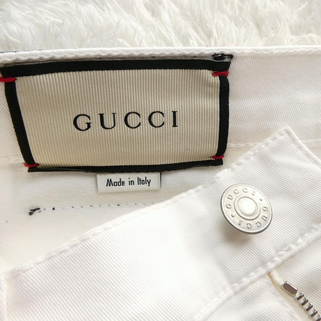 未使用級 GUCCI グッチ 革パッチ ストレッチ スキニー テーパード パンツ 白パン W23 オフホワイト A1619