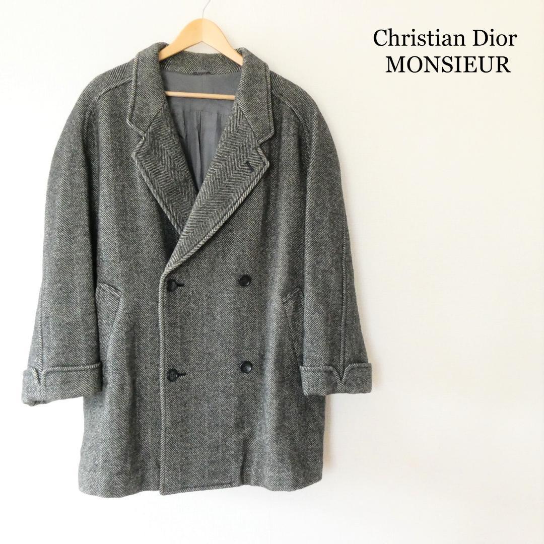 美品 Christian Dior MONSIEUR クリスチャンディオール M ダブルブレスト ロング チェスターコート ツイード ヘリンボーン グレー 灰色_画像1