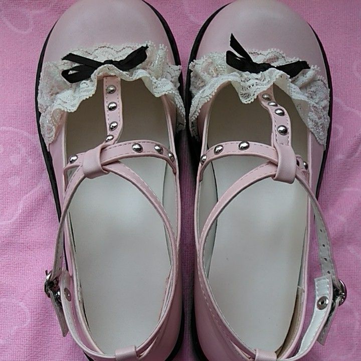 ピンクフリルリボン靴　フラットシューズ　ロリータ靴　24㌢　美品　姫系　甘ロリ　量産型