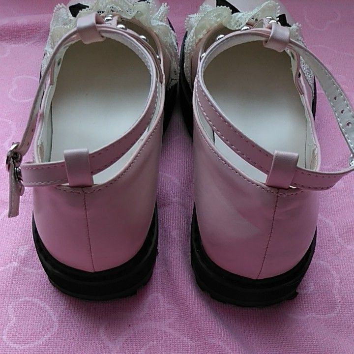 ピンクフリルリボン靴　フラットシューズ　ロリータ靴　24㌢　美品　姫系　甘ロリ　量産型