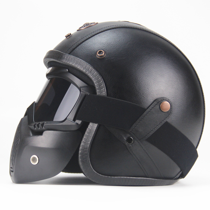 ハーレーヘルメット バイクヘルメット ジェットヘルメット PUレザー バイザー付き ゴーグル マスク付 カラー:F サイズ:XL_画像3