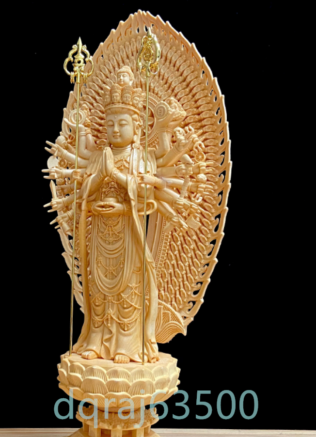 仏教美術 千手観音菩薩 精密彫刻 仏像 手彫り 木彫仏像 仏師手仕上げ高さ約43ｃｍ