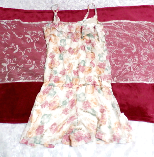 白花柄シフォンネグリジェキャミソールキュロットワンピース White flower pattern chiffon negligee camisole culotte