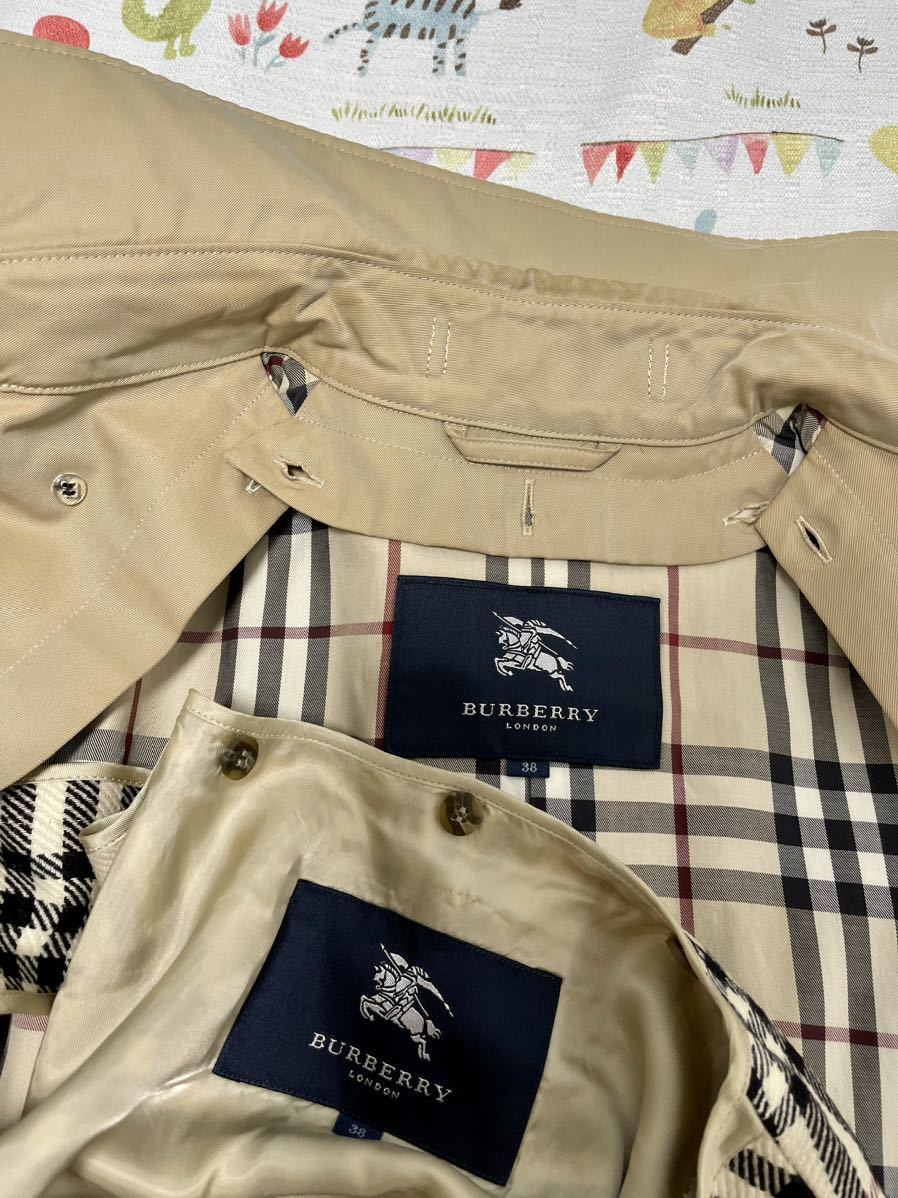 23万★光沢ハニーベージュ38L M 160 BURBERRYバーバリーロンドン レディースライナーベルト付ロングトレンチコート袖先破れ_画像4