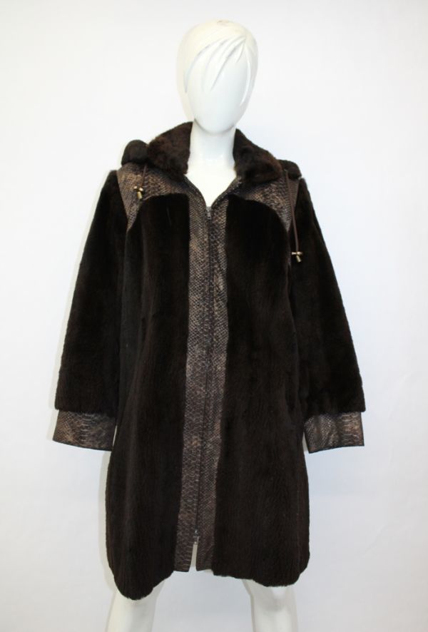  dark brown shared * raccoon & suede fur fur * coat american size 6 hood attaching 