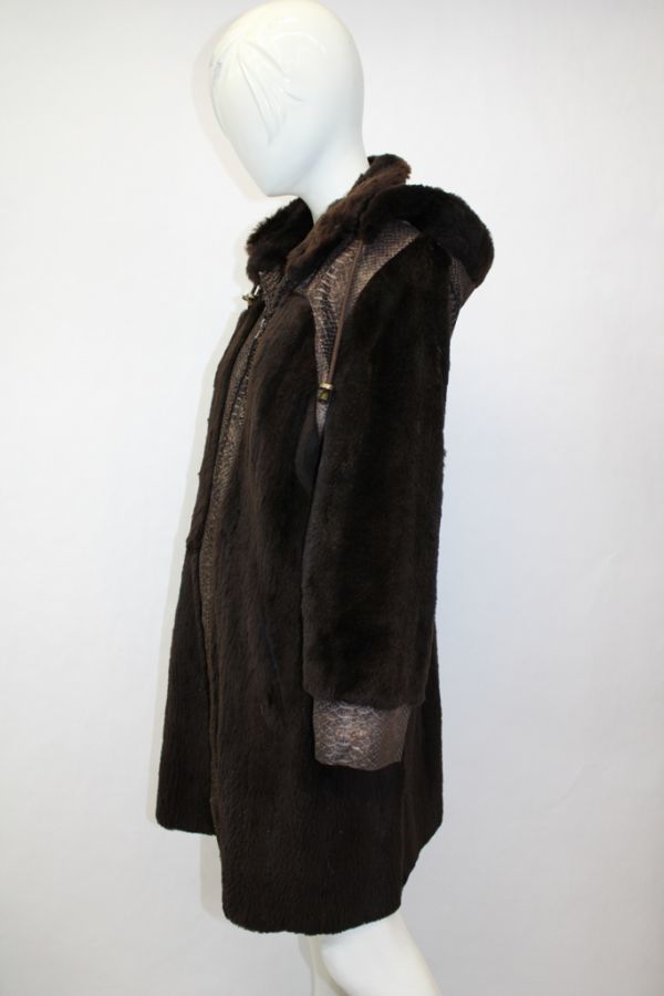  dark brown shared * raccoon & suede fur fur * coat american size 6 hood attaching 