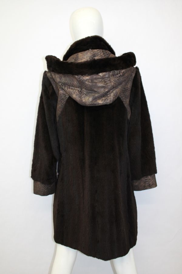  dark brown shared * raccoon & suede fur fur * coat american size 6 hood attaching 