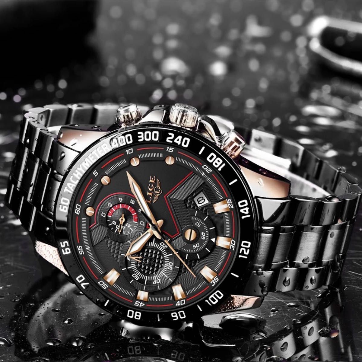 新品 LIGE オマージュクロノグラフ ウォッチ ステンレスベルト メンズ腕時計 ブラックゴールド 9982｜PayPayフリマ