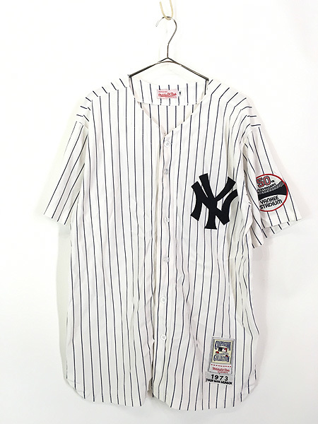 古着 USA製 Mitchell&Ness MLB NY Yankees 50周年記念 永久欠番 No15 ストライプ ベースボール シャツ 48 古着