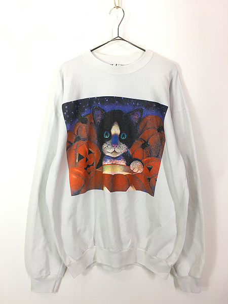 古着 90s USA製 ハロウィン かぼちゃ ネコちゃん アート スウェット トレーナー XL 古着