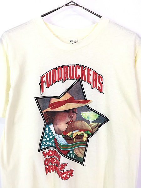 レディース 古着 80s USA製 「Fuddruckers」 バーガー レストラン プリント 企業 Tシャツ XL 古着_画像2