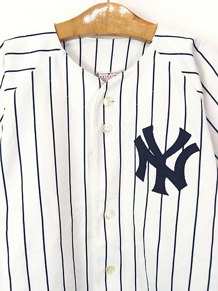 キッズ 古着 MLB NY Yankees ヤンキース 「JOHNSON 41」 ストライプ ベースボール シャツ S 8歳位 古着_画像2