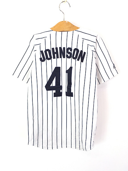 キッズ 古着 MLB NY Yankees ヤンキース 「JOHNSON 41」 ストライプ ベースボール シャツ S 8歳位 古着_画像3