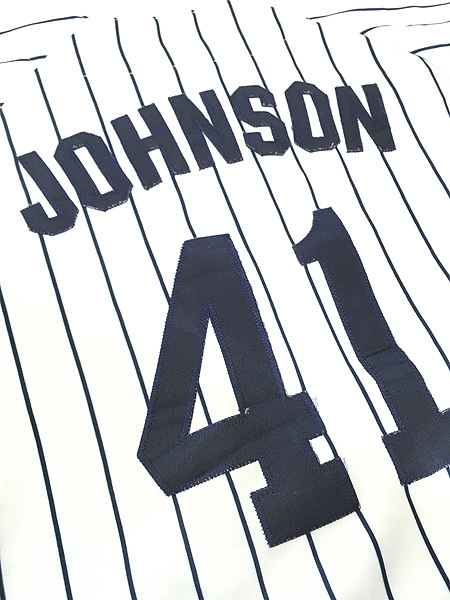 キッズ 古着 MLB NY Yankees ヤンキース 「JOHNSON 41」 ストライプ ベースボール シャツ S 8歳位 古着_画像8