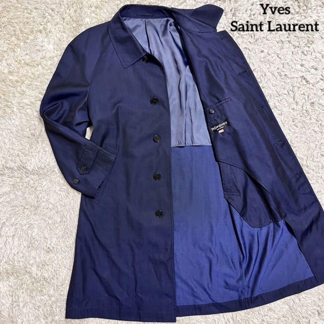 イヴサンローラン 極上シルク混 Yves Saint Laurent 絹 ステンカラーコート ロング スプリング ネイビー 紺色 メンズ
