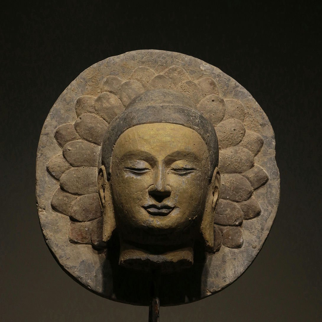 □青澤古美術□080北魏時代 青石背光仏首 仏像 青石彫 仏教古美術・某