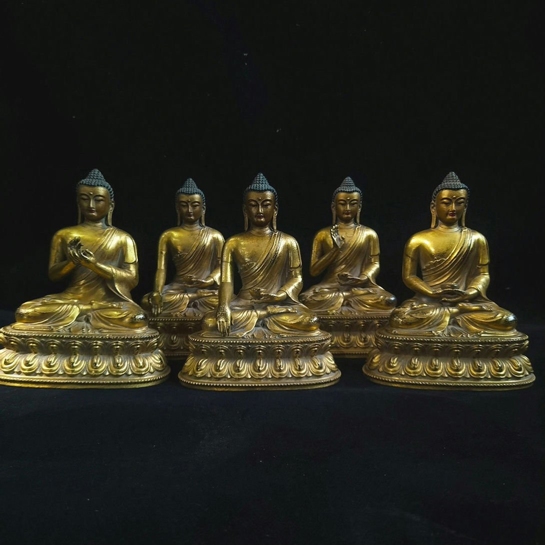 □青澤古美術□G061清時代 仏教古美術 チベット密教 銅塗金 五方仏 