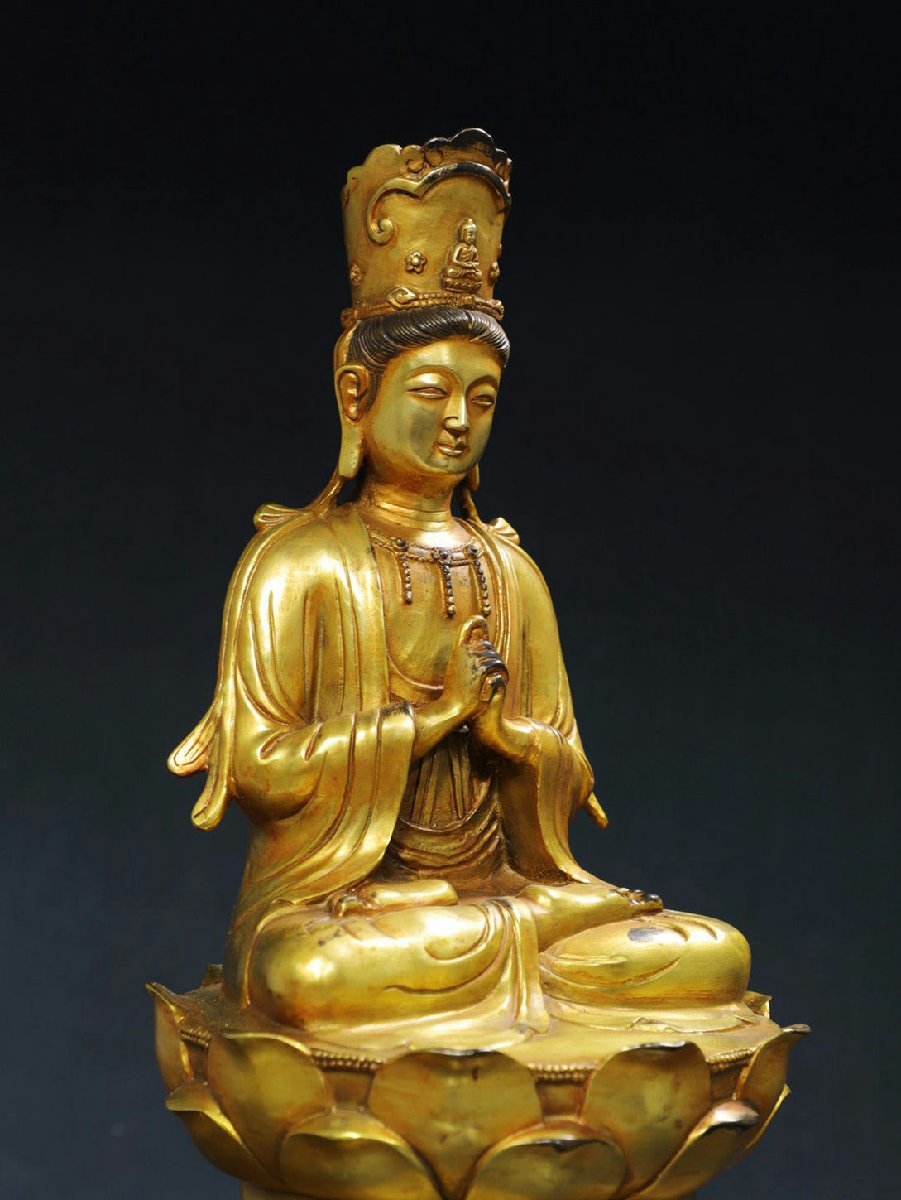 □青澤古美術□G411清時代 仏教古美術 チベット密教 銅塗金彫 観音造像