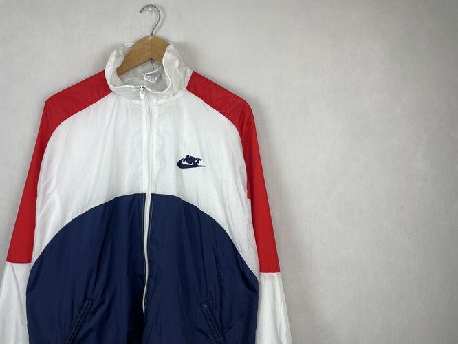 グッドカラーUSA製アメリカ製90sビンテージNikeナイキフルジップナイロントラックジャケットM白紺赤ホワイトネイビーレッド銀タグnr23169_画像1