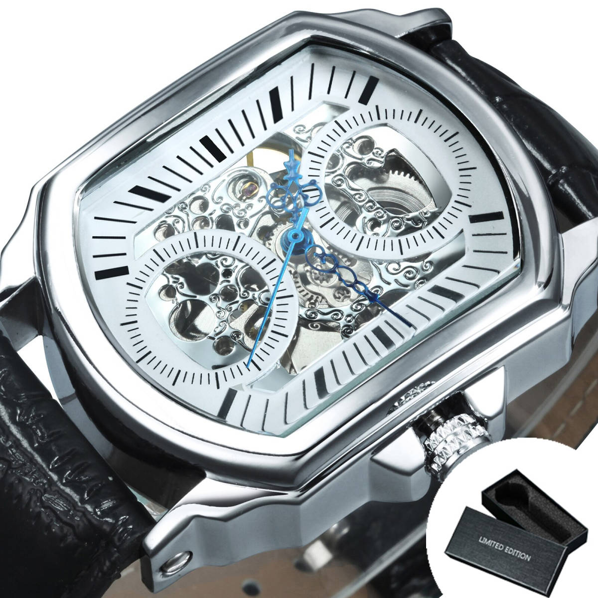 【ホワイト】メンズ高品質腕時計 海外人気ブランド T-WINNER 男性用 クラシック 機械式時計 ブルー針 スケルトン ラグジュアリー レザー_画像1