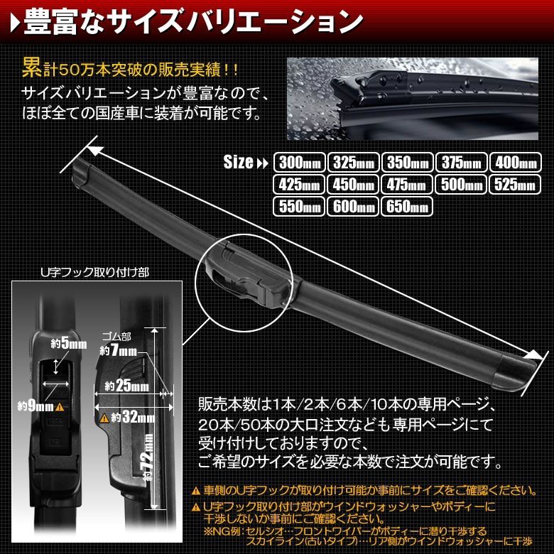 シルビア S13 2本 エアロワイパー ブレード一体型 グラファイト 運転席 500mm 助手席 500mm_画像4