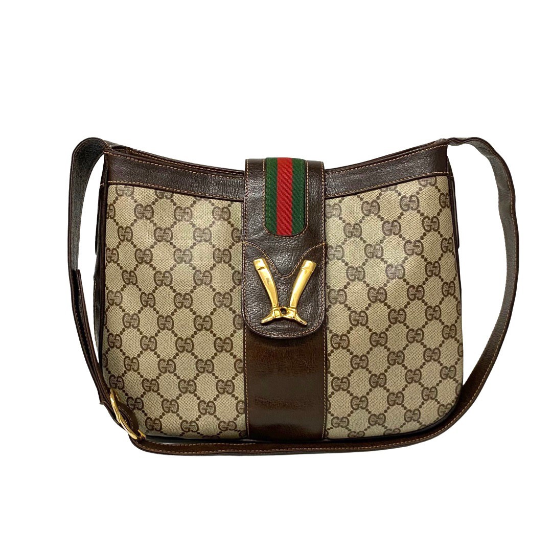 極 美品 GUCCI オールドグッチ グッチ ヴィンテージ シェリーライン ブーツ 金具 レザー 本革 セミ ショルダーバッグ ブラウン 82202