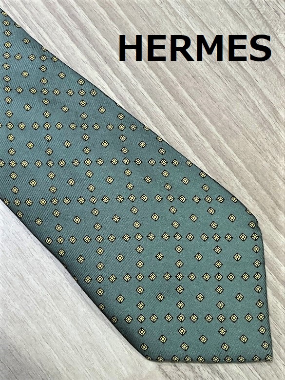 HERMES エルメス Silk シルク  ネクタイ ダイヤ柄 グリーン｜PayPay