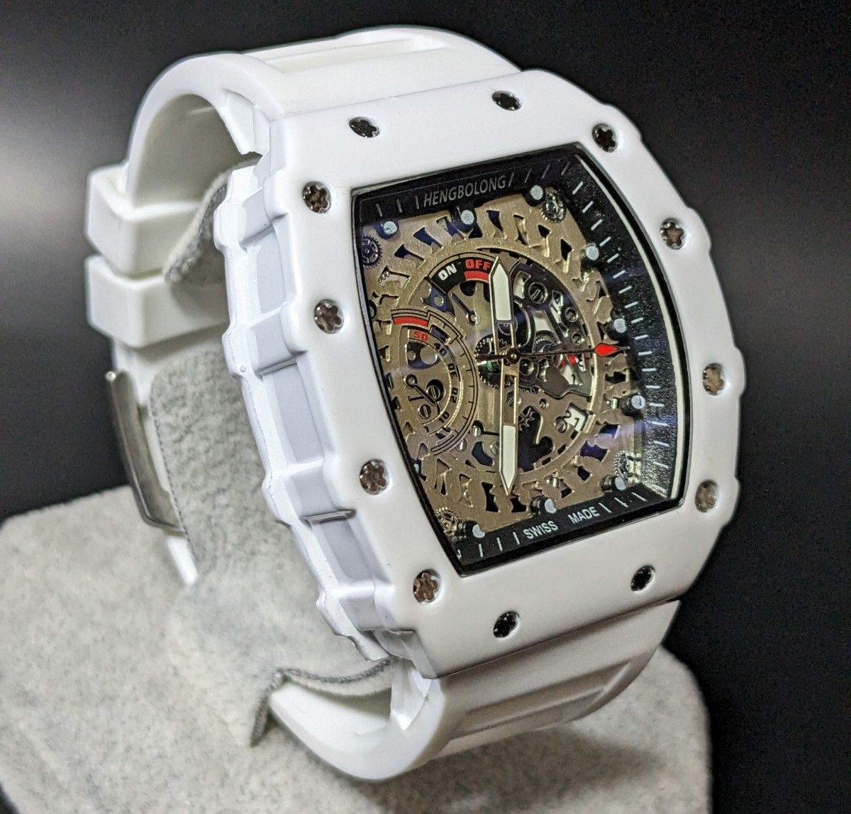 新品 腕時計 リシャールミルtype クオーツ オマージュウォッチ ラバー トノー ホワイト ゴールド ラグジュアリー RM
