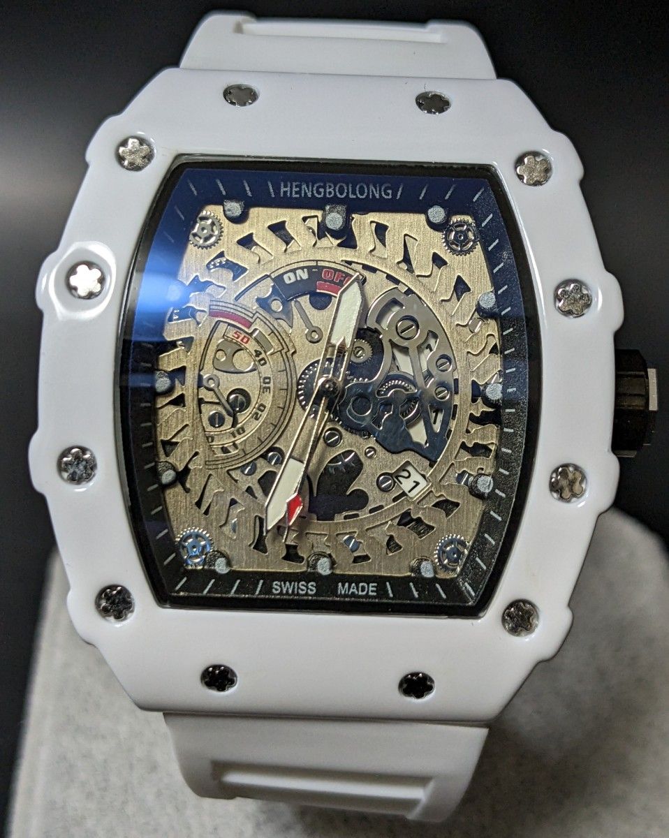 新品 腕時計 リシャールミルtype クオーツ オマージュウォッチ ラバー トノー ホワイト ゴールド ラグジュアリー RM