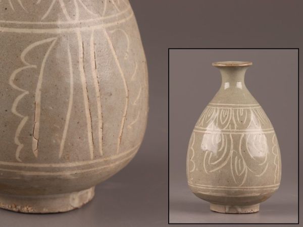 古美術 朝鮮古陶磁器 高麗青磁 白象嵌 徳利 時代物 極上品 初だし品 8436