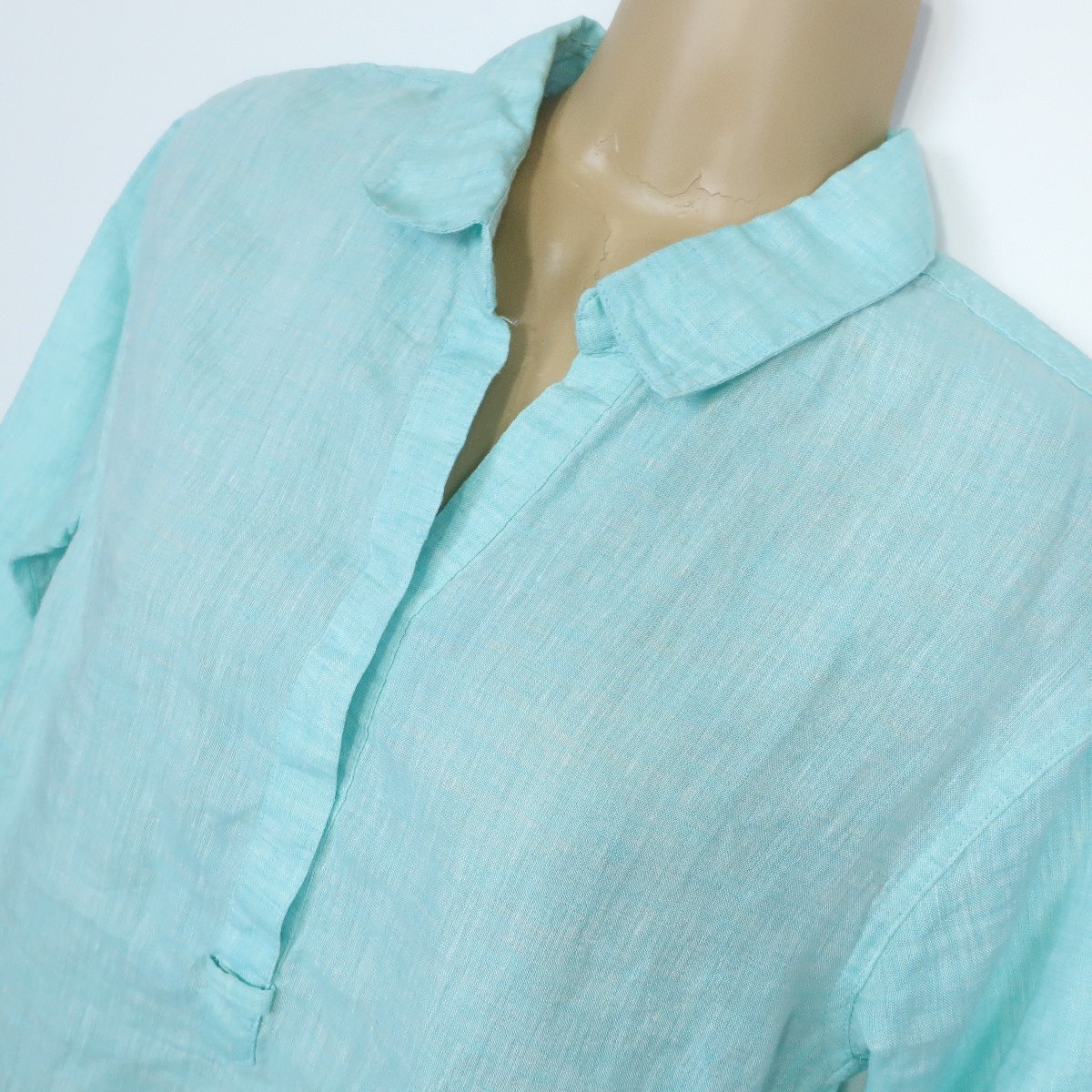 【美品】インディヴィ★シャツ 七分袖 サイズ36 麻100％！ ブルーグリーン系 z2134_画像2