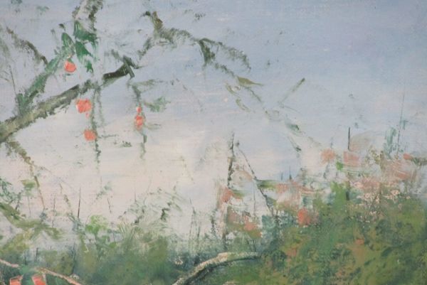 真作」 一枚の絵 女流画展賞作家 佐藤あつ子 「リンゴ畑」 油彩 4号