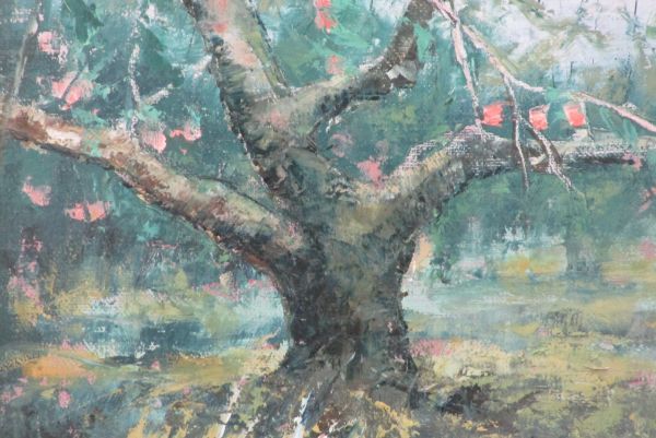 真作」 一枚の絵 女流画展賞作家 佐藤あつ子 「リンゴ畑」 油彩 4号