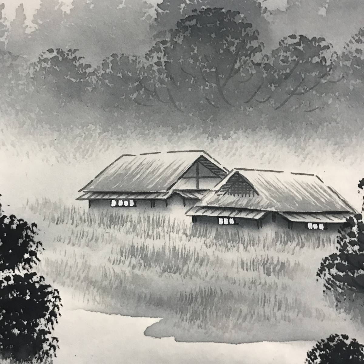 Bibian 比比昂- 真作/渓水/山村図/山水図/田家図/横物//掛軸 Bibian 比比昂- 真作/渓水/山村図/山水図/田家図/横物//掛軸