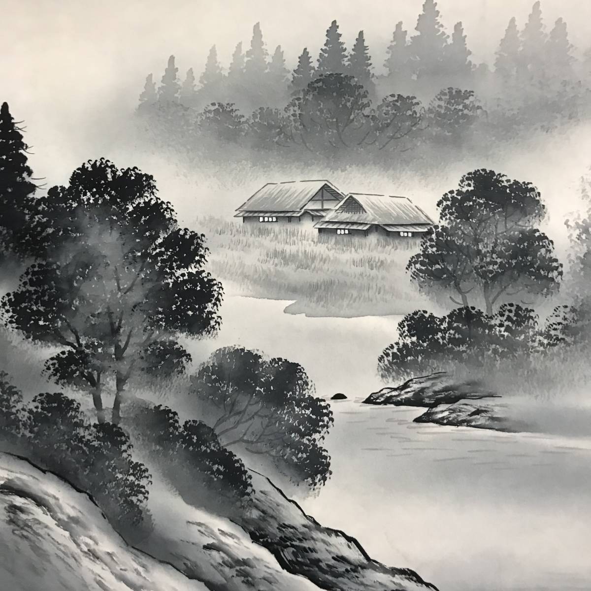 Bibian 比比昂- 真作/渓水/山村図/山水図/田家図/横物//掛軸 Bibian 比比昂- 真作/渓水/山村図/山水図/田家図/横物//掛軸