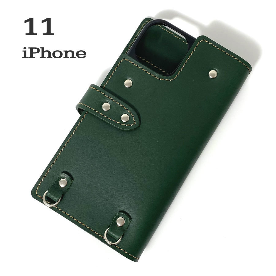 手帳型ケース　iPhone 11 用 ハードカバー レザー スマホ スマホケース 携帯 スマホホルダー 革 本革 グリーン_画像1