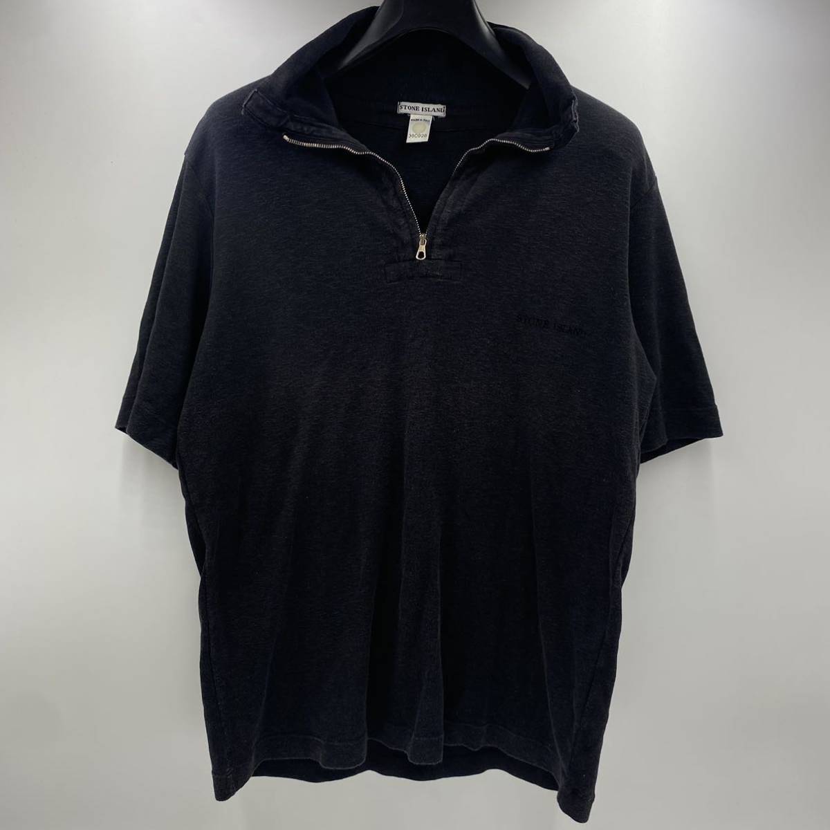 激レア イタリア製ストーンアイランド STONE ISLAND コットン ハーフジップ 半袖カットソー ポロシャツ Tシャツ M 黒 ブラック ロゴ b484