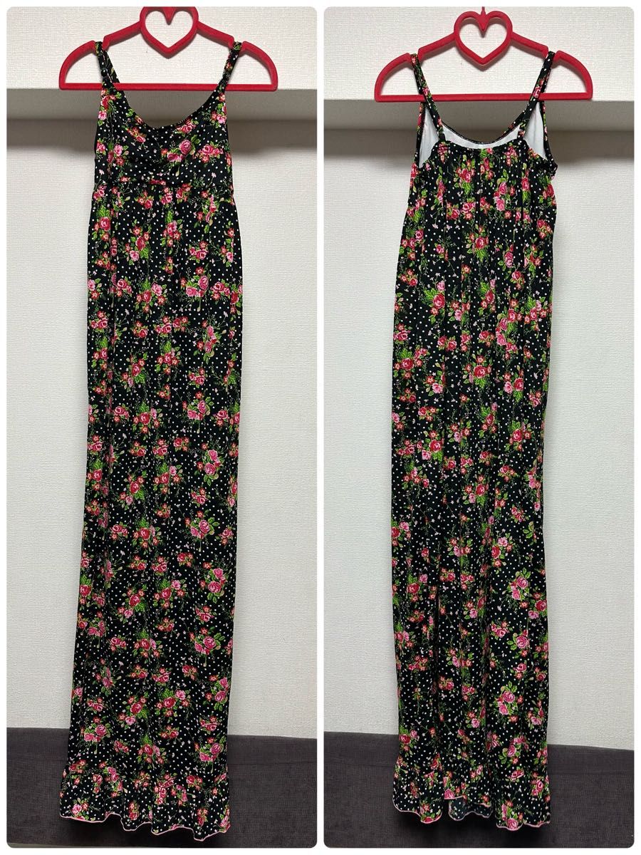 2回着用リズリサセットアップ水着&ロンパース&マキシロングワンピース3点セット160黒花柄【超豪華レア】 親子姉妹お揃い色違い有り