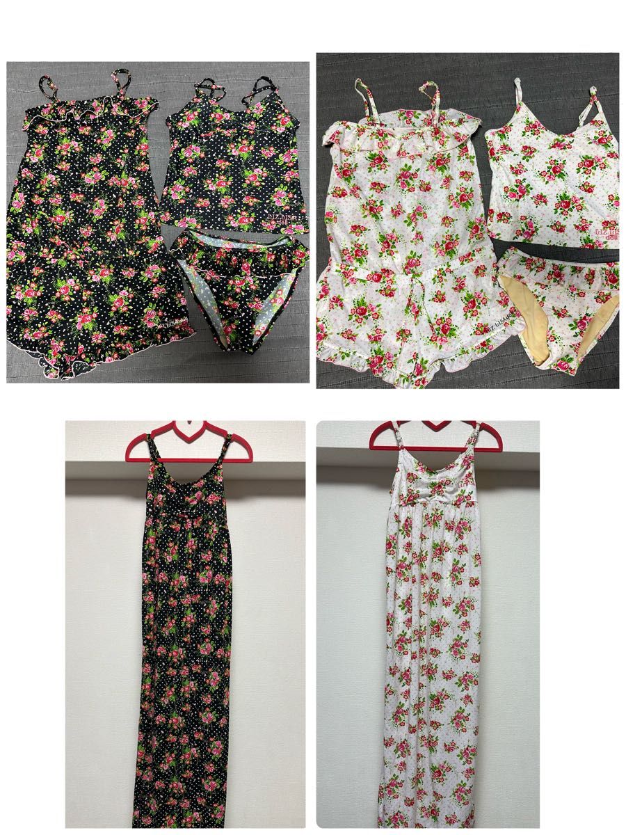 2回着用リズリサセットアップ水着&ロンパース&マキシロングワンピース3点セット160黒花柄【超豪華レア】 親子姉妹お揃い色違い有り