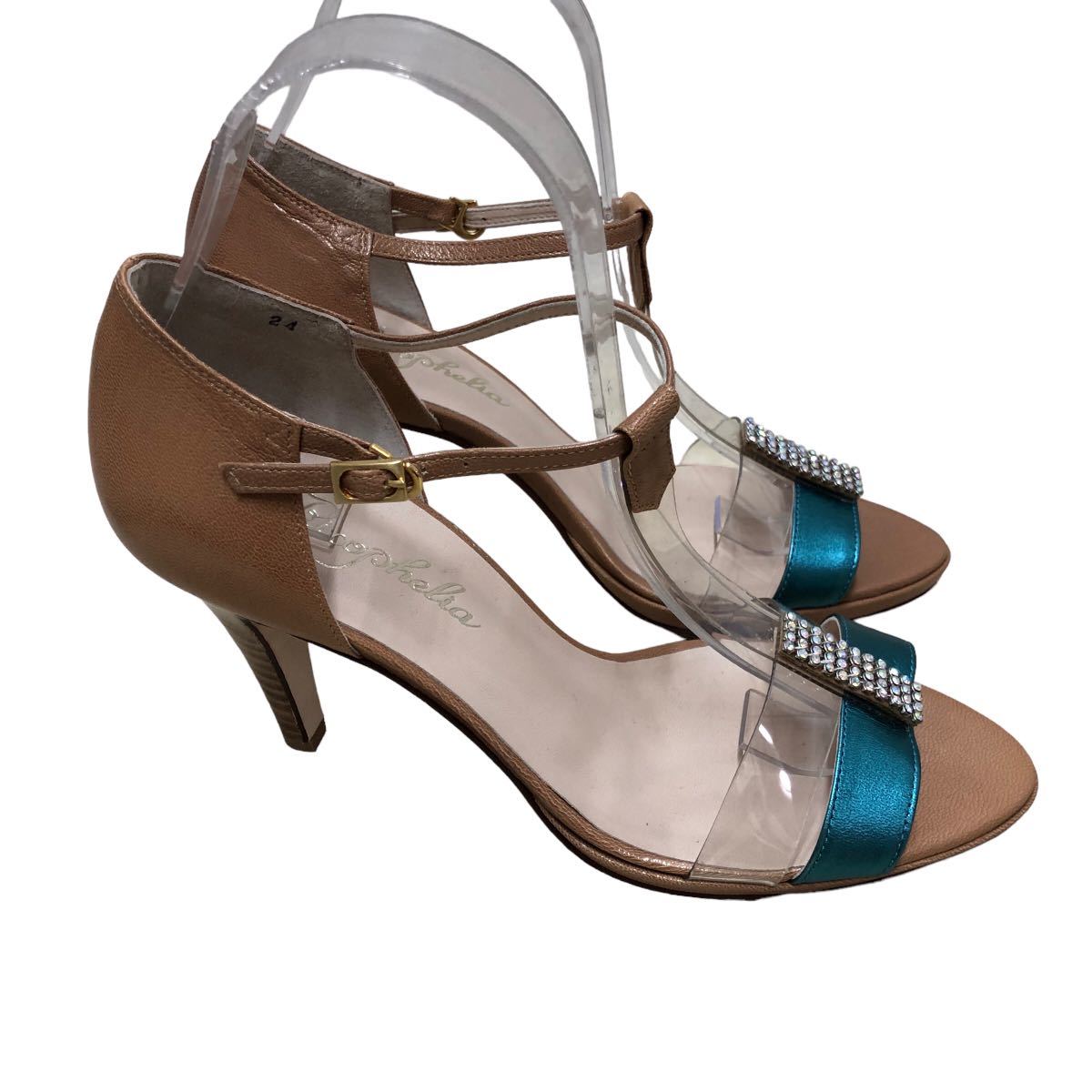 AG325 unused made in Japan Ricophelia lady's ankle strap pumps 24cm Camel blue leather beautiful goods 