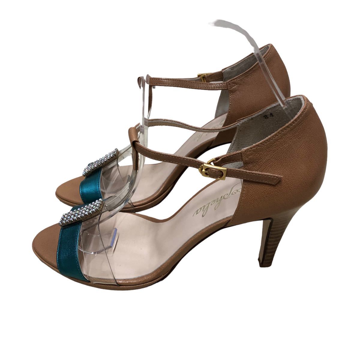 AG325 unused made in Japan Ricophelia lady's ankle strap pumps 24cm Camel blue leather beautiful goods 