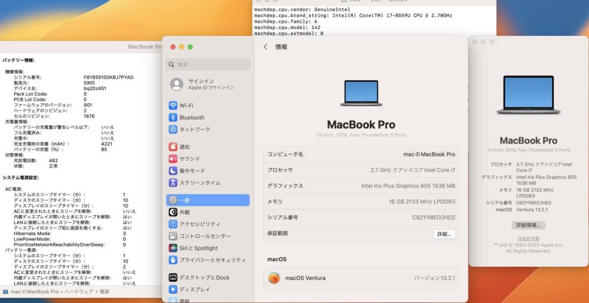 中古 2K対応 13.3型 Apple MacBook Pro A1989 Mid-2018 (Touch Bar) グレー macOS Ventura 八世代i7-8559u 16GB NVMe 256GB-SSD_画像3