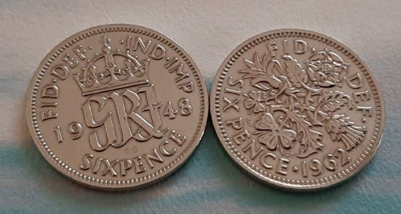 2種類 幸せのシックスペンス イギリス ラッキー6ペンス 本物古銭英国ウェディングコイン エリザベス と ジョージ美品19.5mm
