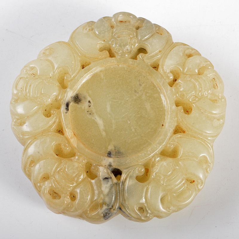 中国 玉石白玉彫刻 蝙蝠刻 玉器 玉壁 玉飾 玉珮 時代箱付 M R5495