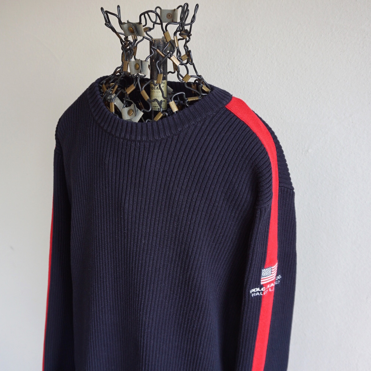 1990s ヴィンテージ POLO JEANS CO. Ralph Lauren 100%コットン リブニットセーター 肩袖ライン L 紺赤 星条旗 ポロジーンズ USA 海外 古着