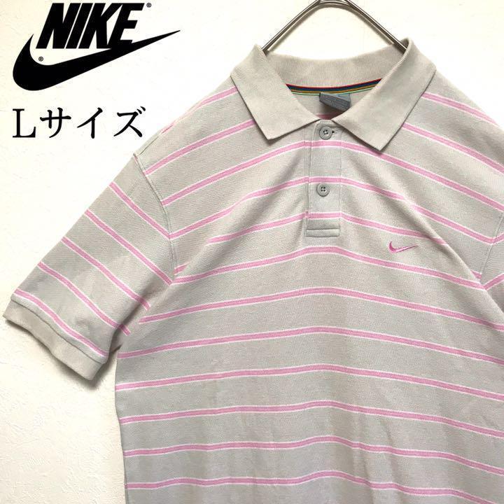 90s NIKE ナイキ ボーダー ピンク ポロシャツ ワンポイント 刺繍ロゴ_画像1