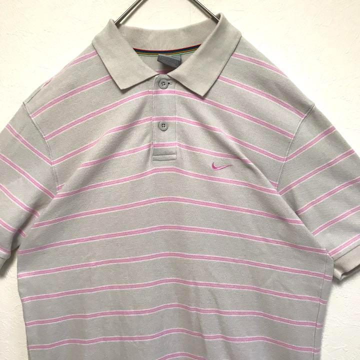 90s NIKE ナイキ ボーダー ピンク ポロシャツ ワンポイント 刺繍ロゴ_画像3